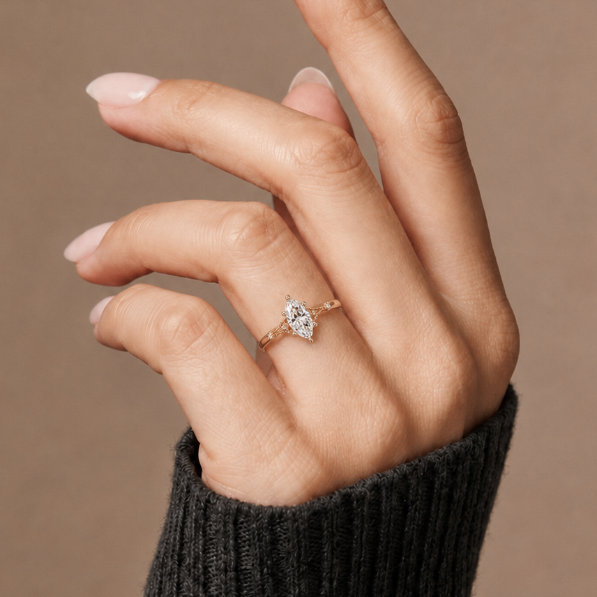 Marquise Cut Lab Grown Diamond Engagement Ring with Vintage Accent Details