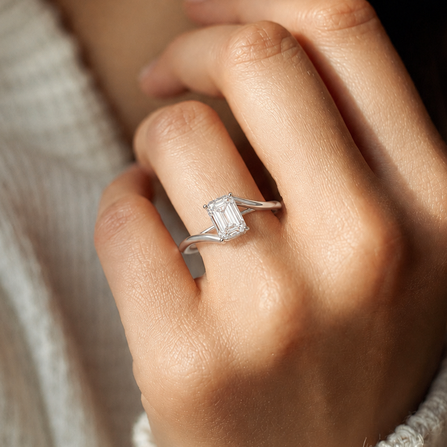 Emerald Cut Diamond Solitaire Engagement Ring Modern Bypass Gold Engagement Ring