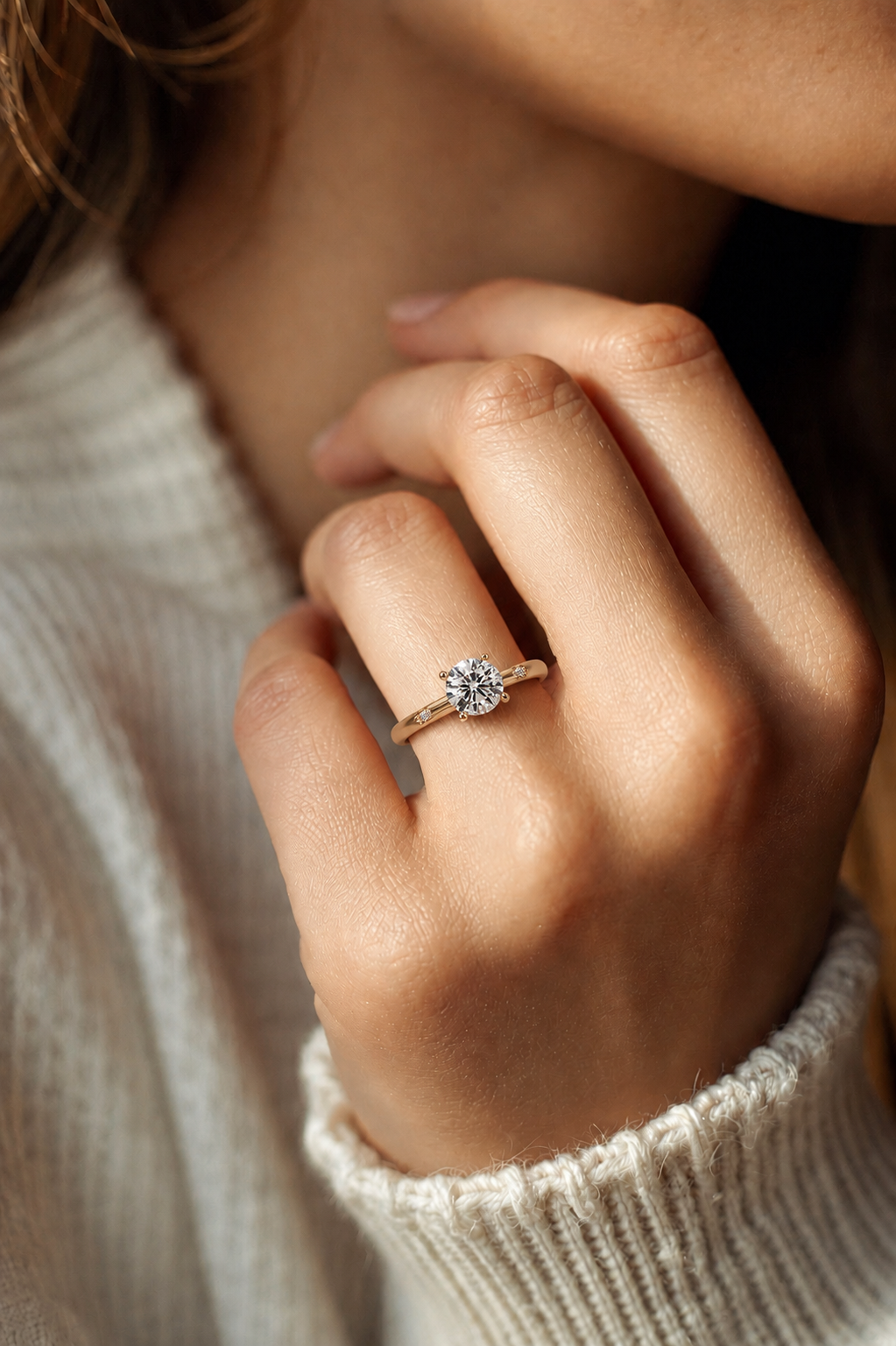 Round Lab Grown Diamond Engagement Ring with Subtle Diamond Accent Shoulders
