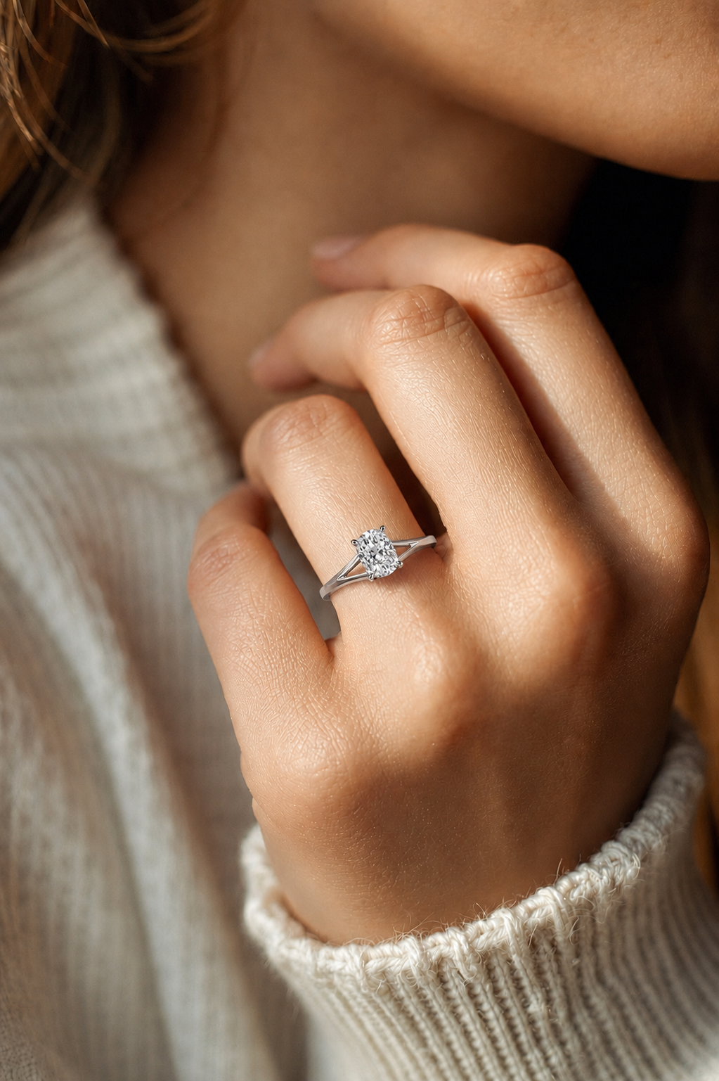Cushion Lab Grown Diamond Solitaire Engagement Ring Modern Split Shank Design