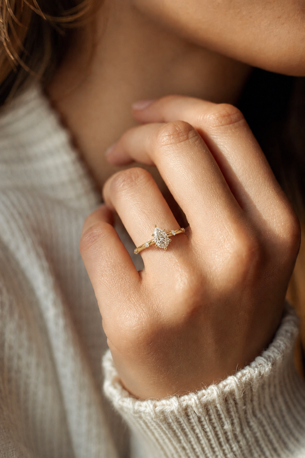 Pear Brilliant Lab Grown Diamond Engagement Ring with Minimalist Accent Band