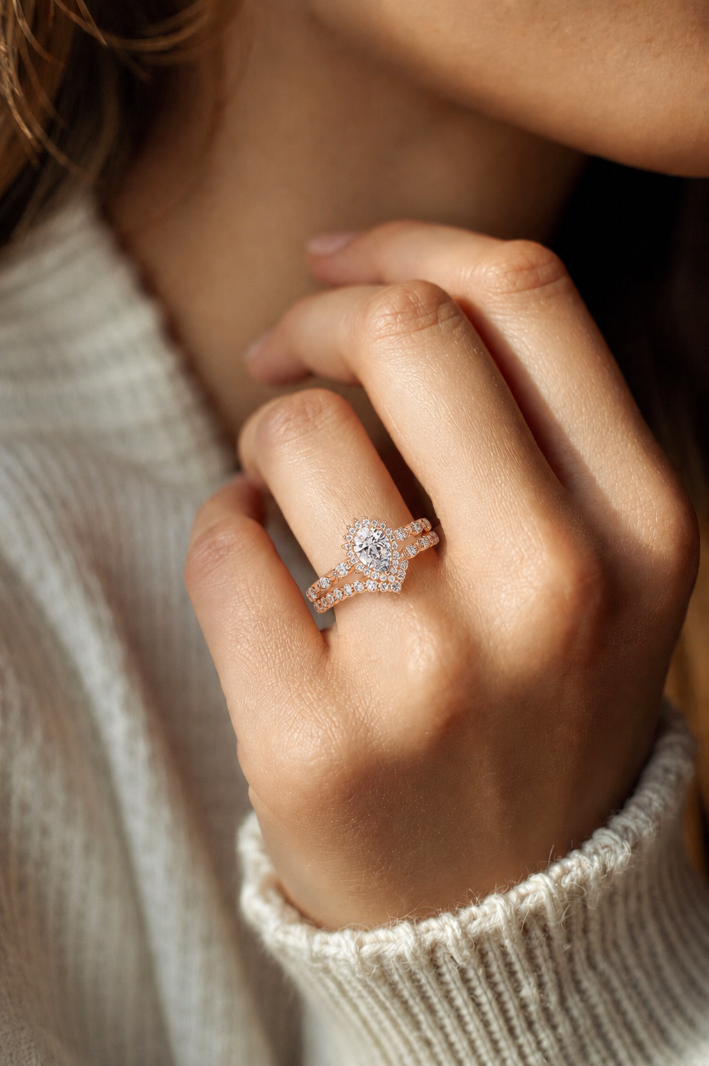Pear Diamond Floral Halo Bridal Set Rose Gold Pavé Vintage Inspired Engagement Ring