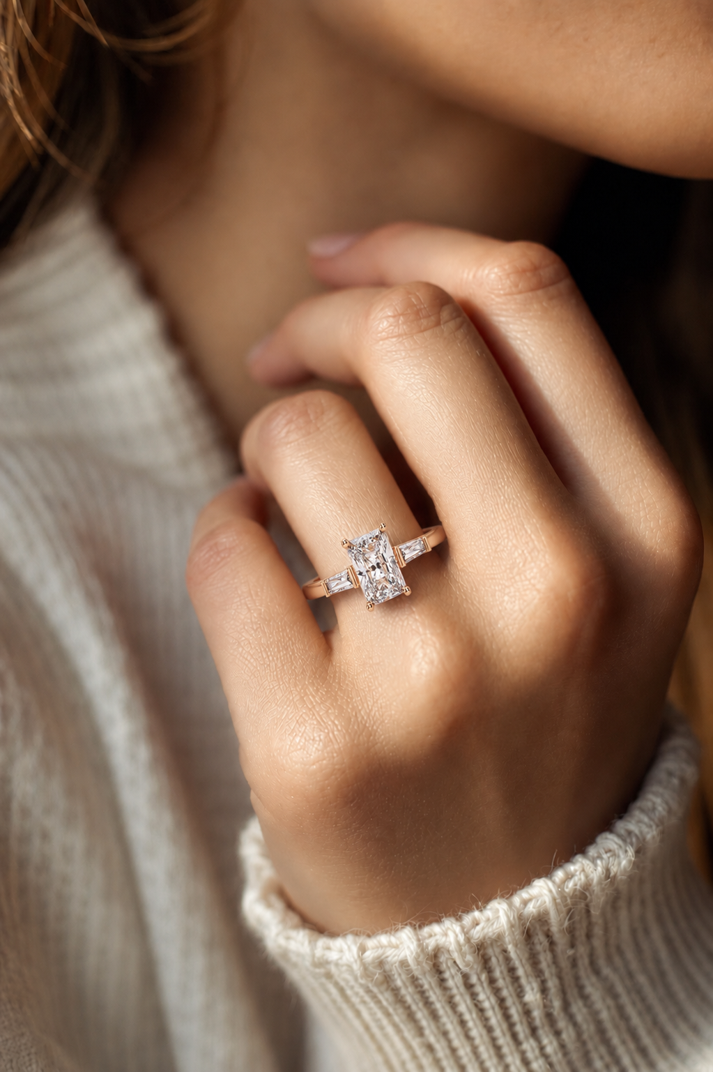 Radiant Lab Grown Diamond Engagement Ring with Tapered Baguette Accents