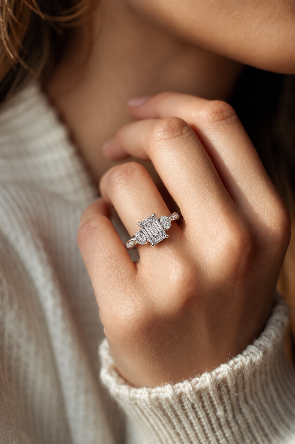 Emerald Cut Lab Grown Diamond Three Stone Engagement Ring with Pavé Band