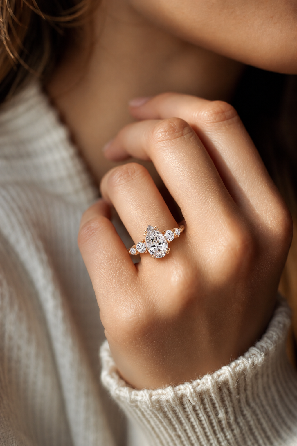 Pear Shaped Lab Grown Diamond Engagement Ring with Round Side Diamonds
