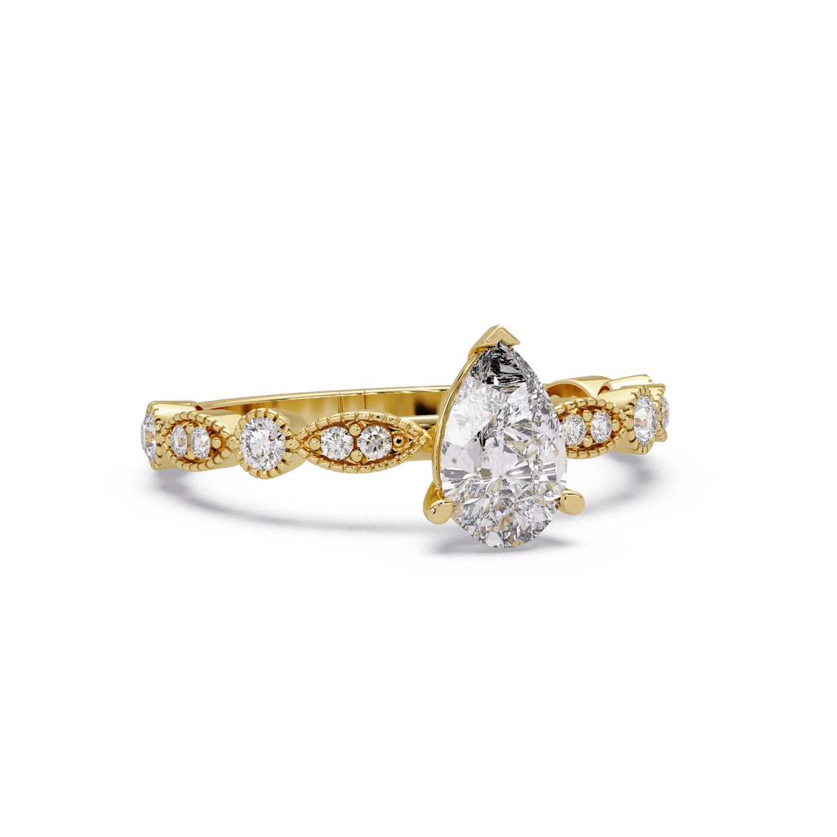 Classic Pear Lab Grown Diamond Engagement Ring with Diamond Accent Milgrain Band