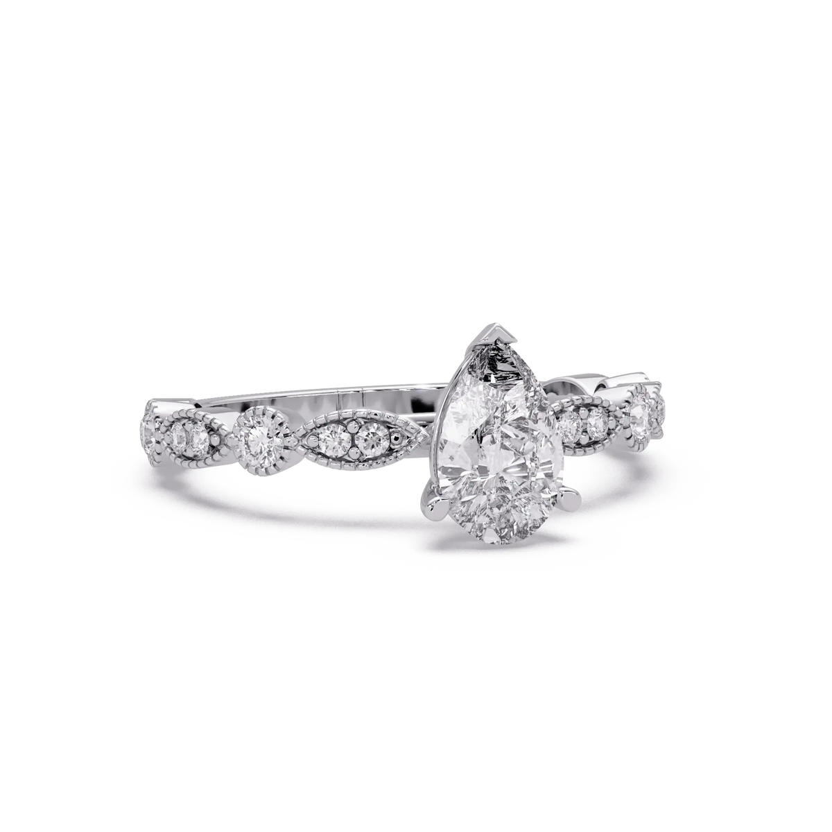 Classic Pear Lab Grown Diamond Engagement Ring with Diamond Accent Milgrain Band