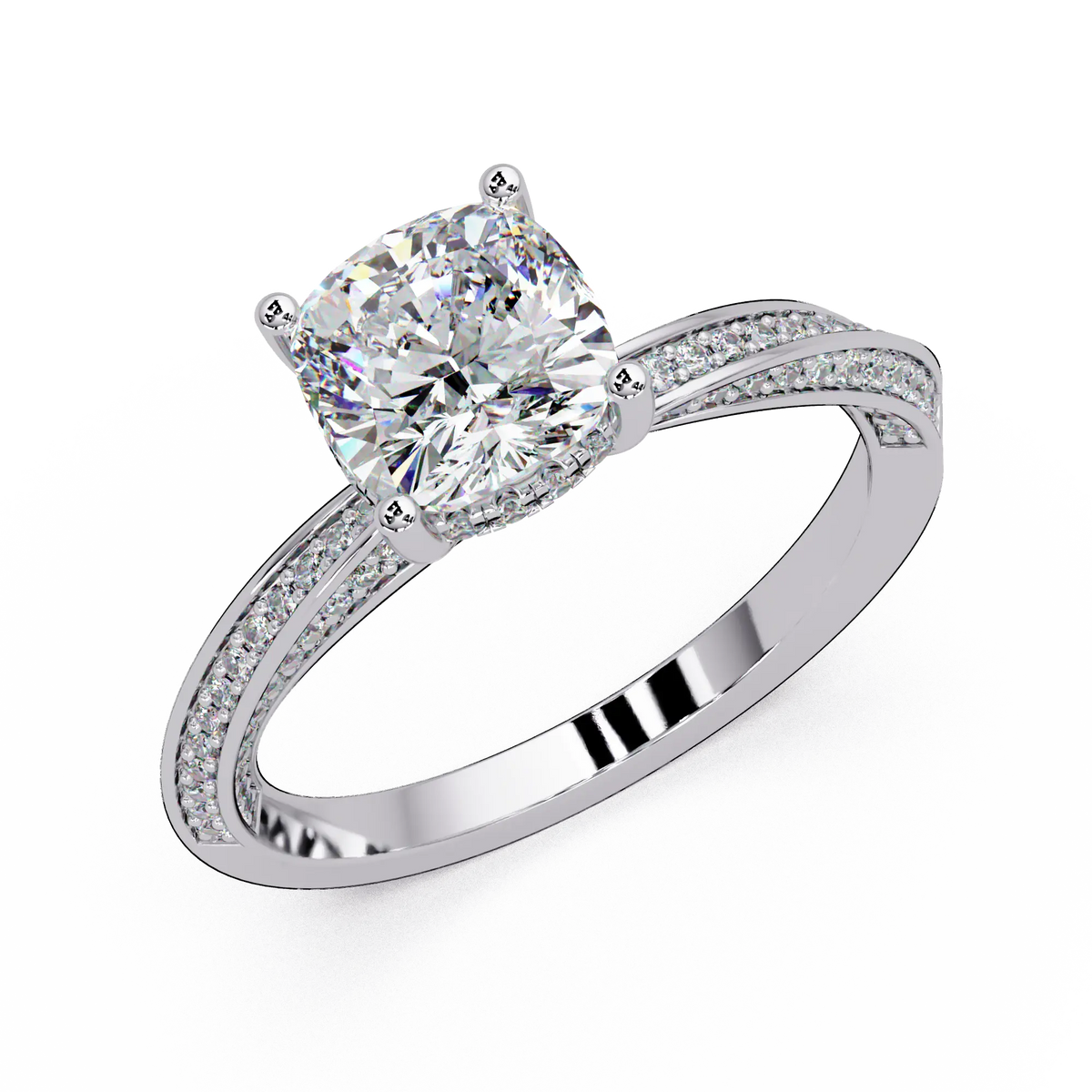 Cushion Cut Diamond Solitaire Engagement Ring Twisted Pavé Yellow Gold Ring