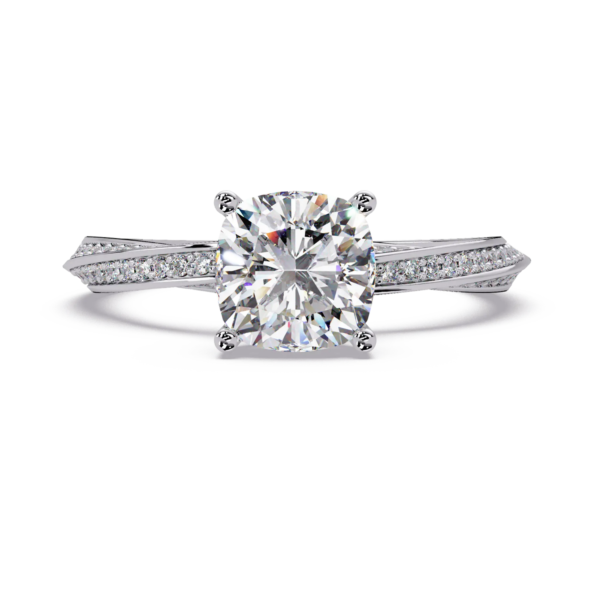 Cushion Cut Diamond Solitaire Engagement Ring Twisted Pavé Yellow Gold Ring
