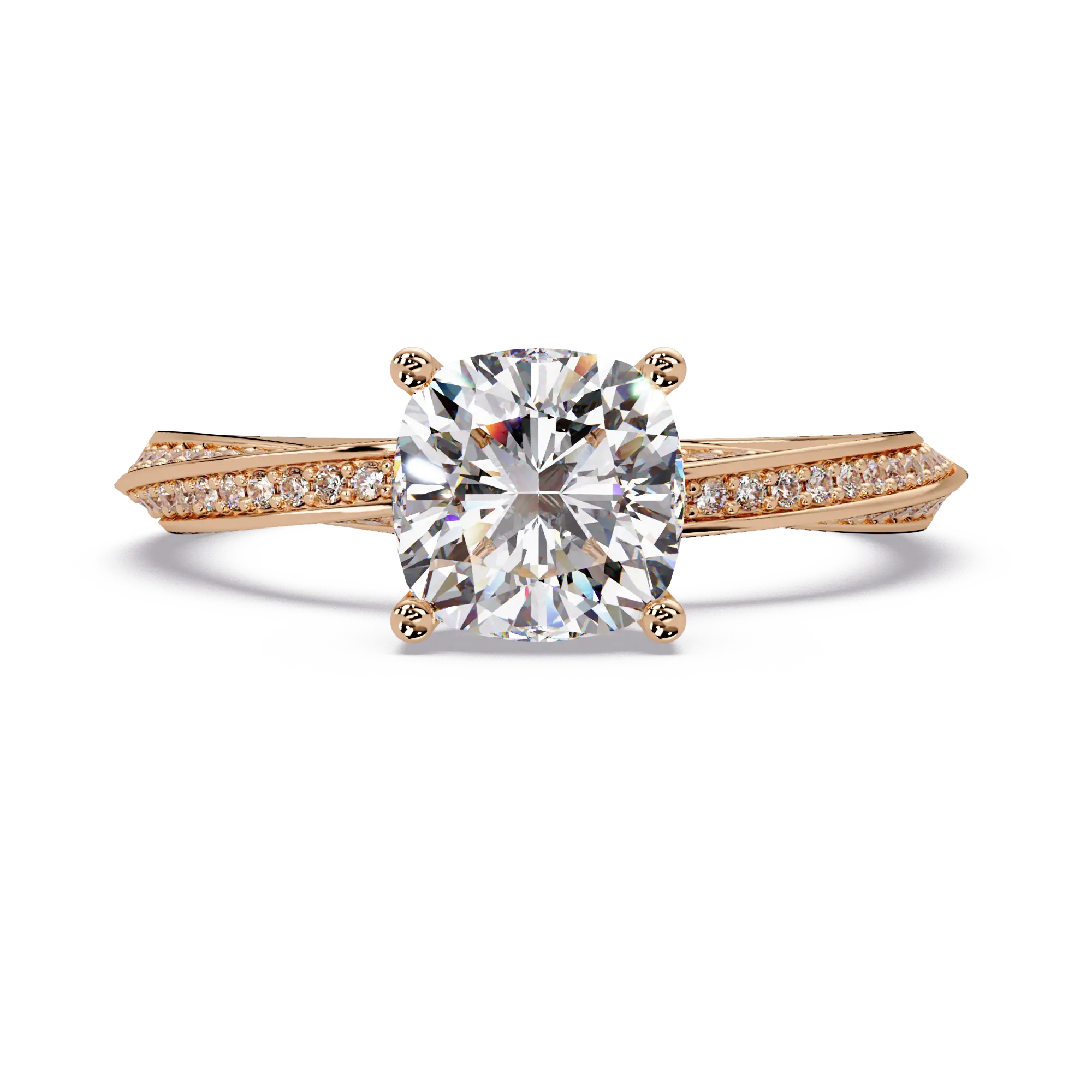 Cushion Cut Diamond Solitaire Engagement Ring Twisted Pavé Yellow Gold Ring