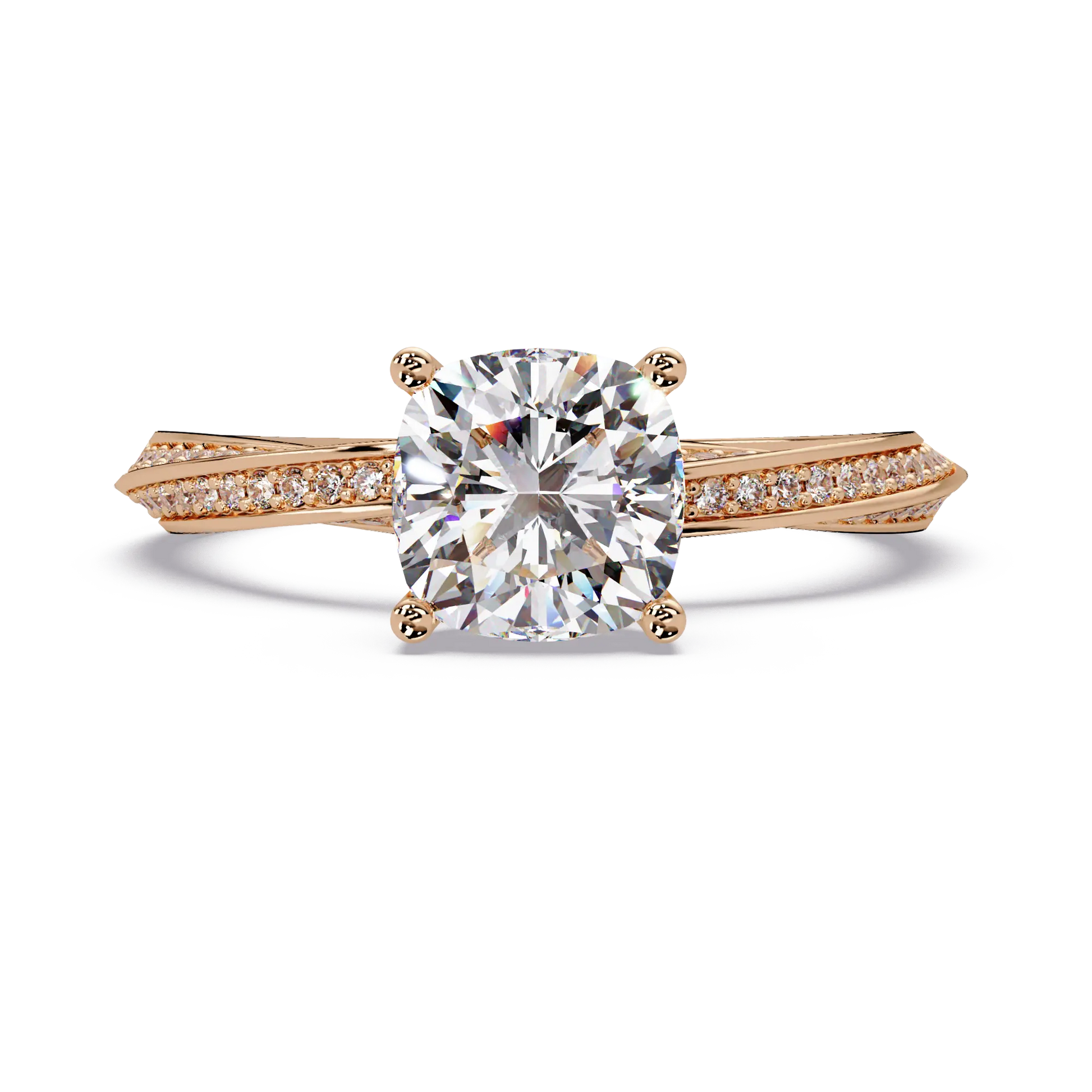 Cushion Cut Diamond Solitaire Engagement Ring Twisted Pavé Yellow Gold Ring