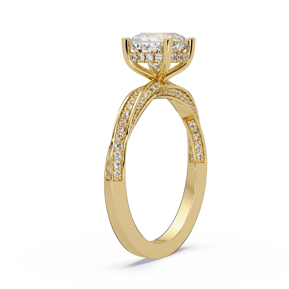 Cushion Cut Diamond Solitaire Engagement Ring Twisted Pavé Yellow Gold Ring