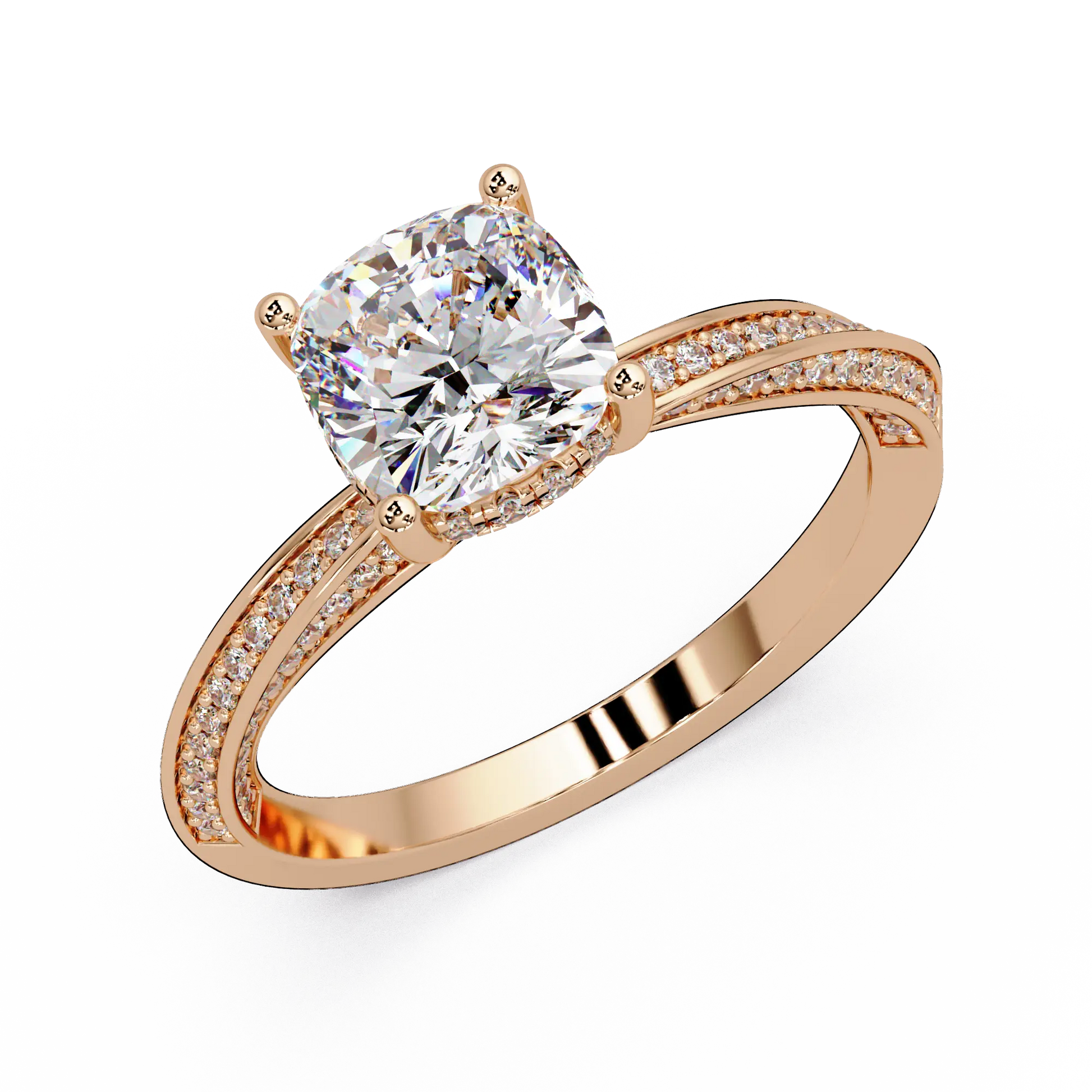 Cushion Cut Diamond Solitaire Engagement Ring Twisted Pavé Yellow Gold Ring