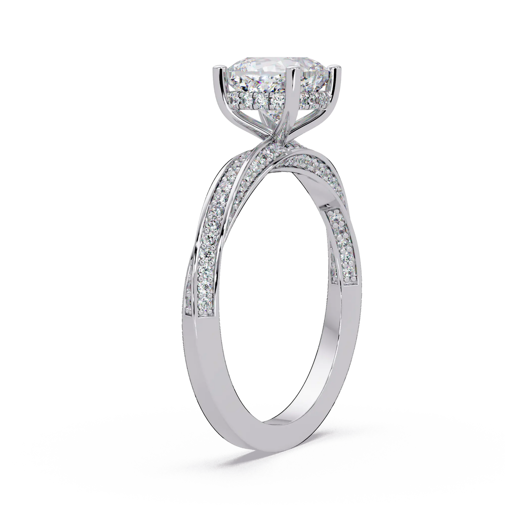Cushion Cut Diamond Solitaire Engagement Ring Twisted Pavé Yellow Gold Ring