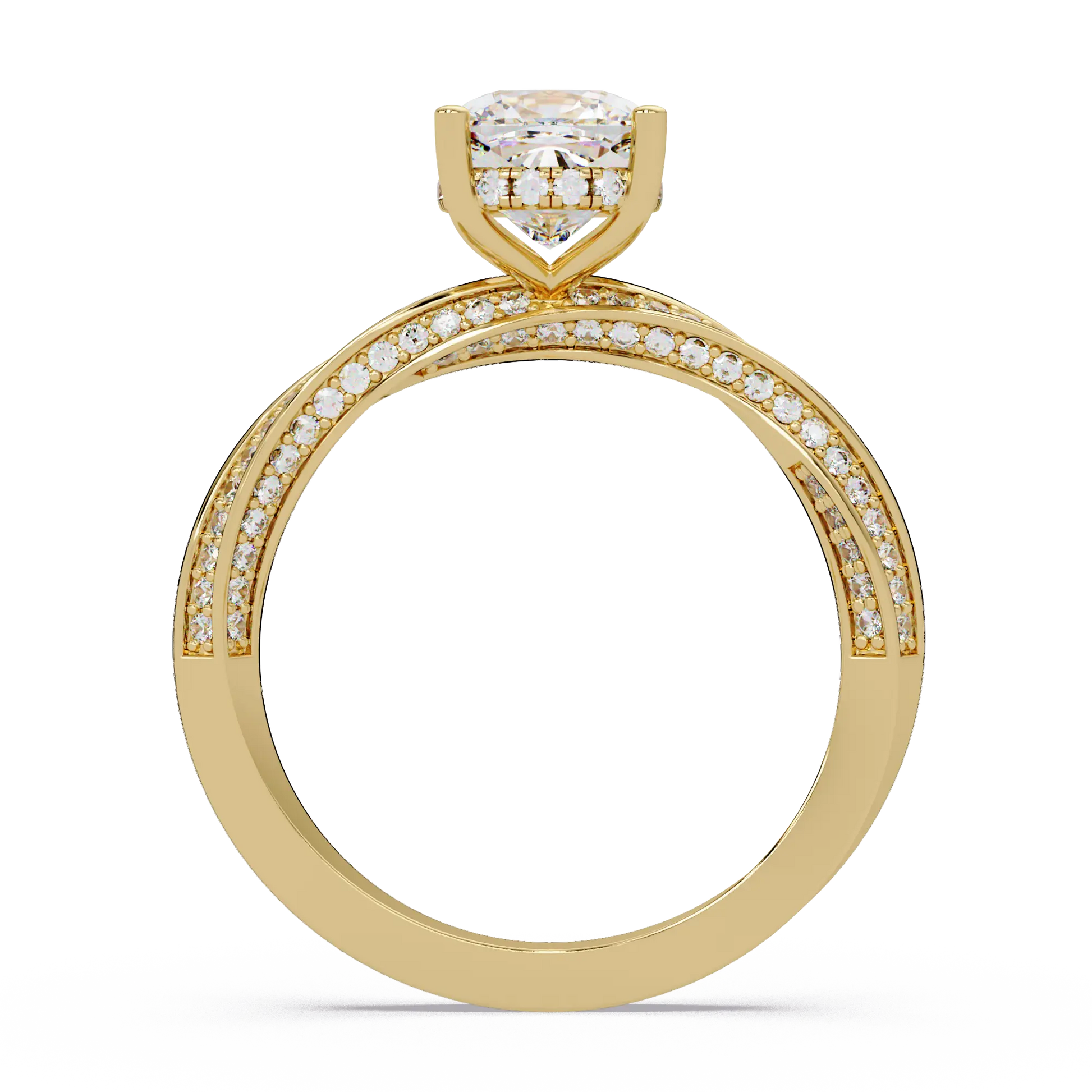 Cushion Cut Diamond Solitaire Engagement Ring Twisted Pavé Yellow Gold Ring