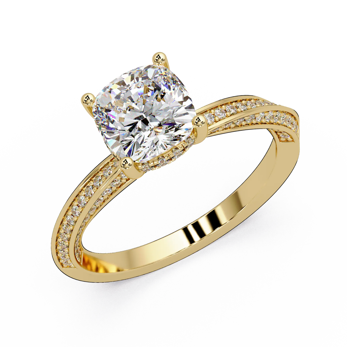 Cushion Cut Diamond Solitaire Engagement Ring Twisted Pavé Yellow Gold Ring