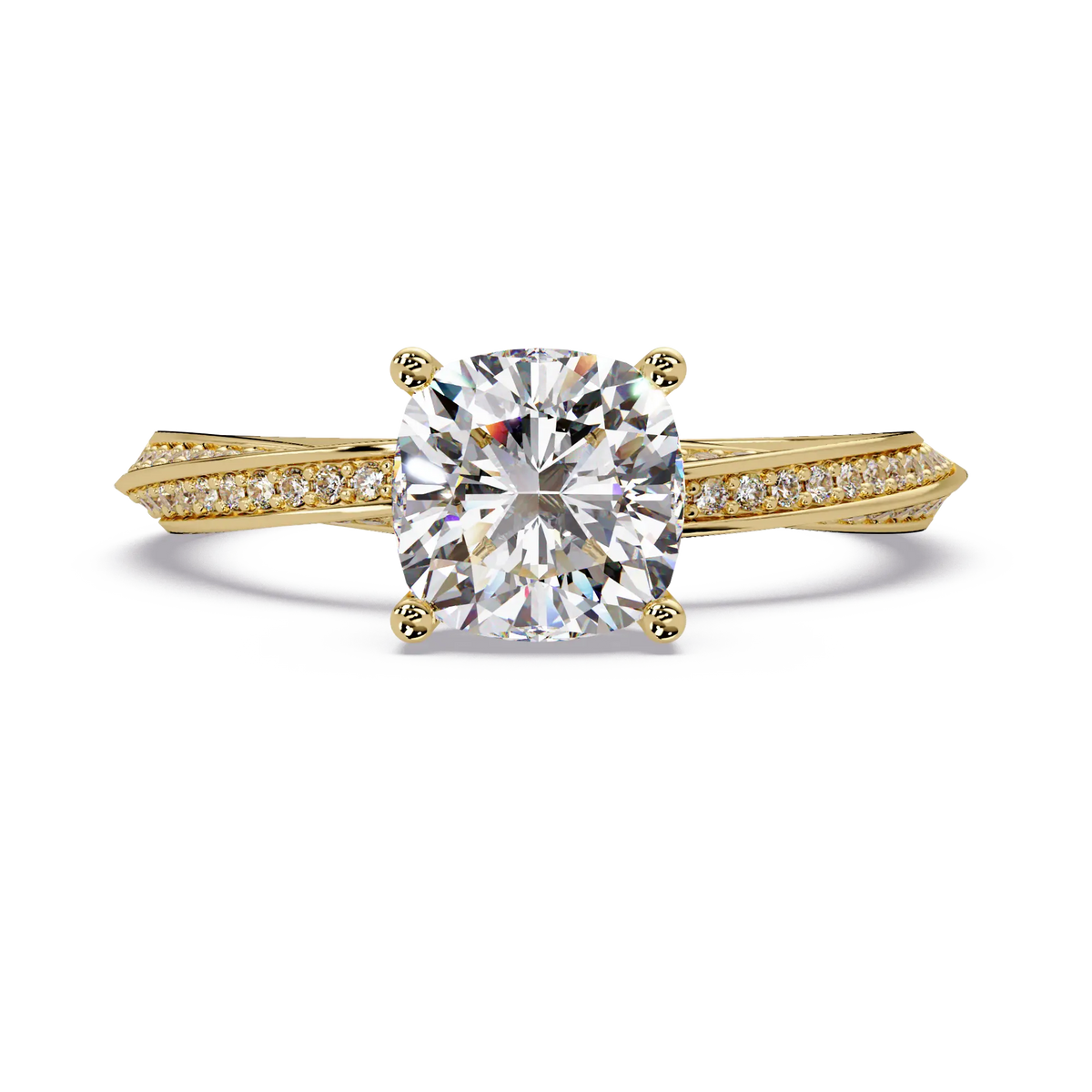Cushion Cut Diamond Solitaire Engagement Ring Twisted Pavé Yellow Gold Ring