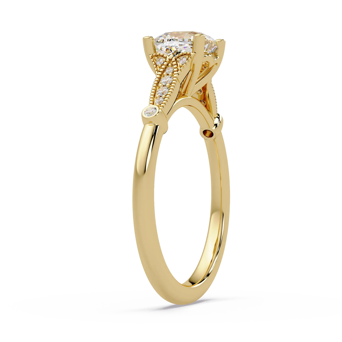 Cushion Cut Diamond Engagement Ring Vintage Mil Grain Accent Yellow Gold Ring
