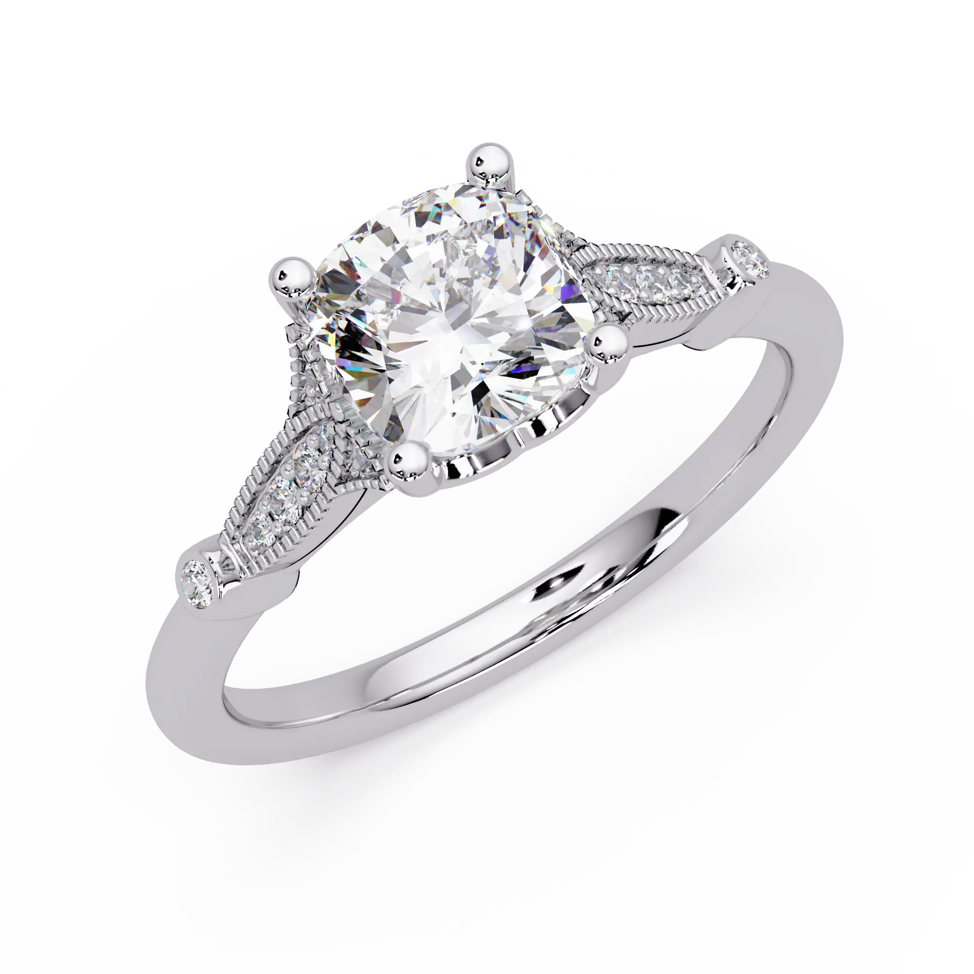 Cushion Cut Diamond Engagement Ring Vintage Mil Grain Accent Yellow Gold Ring