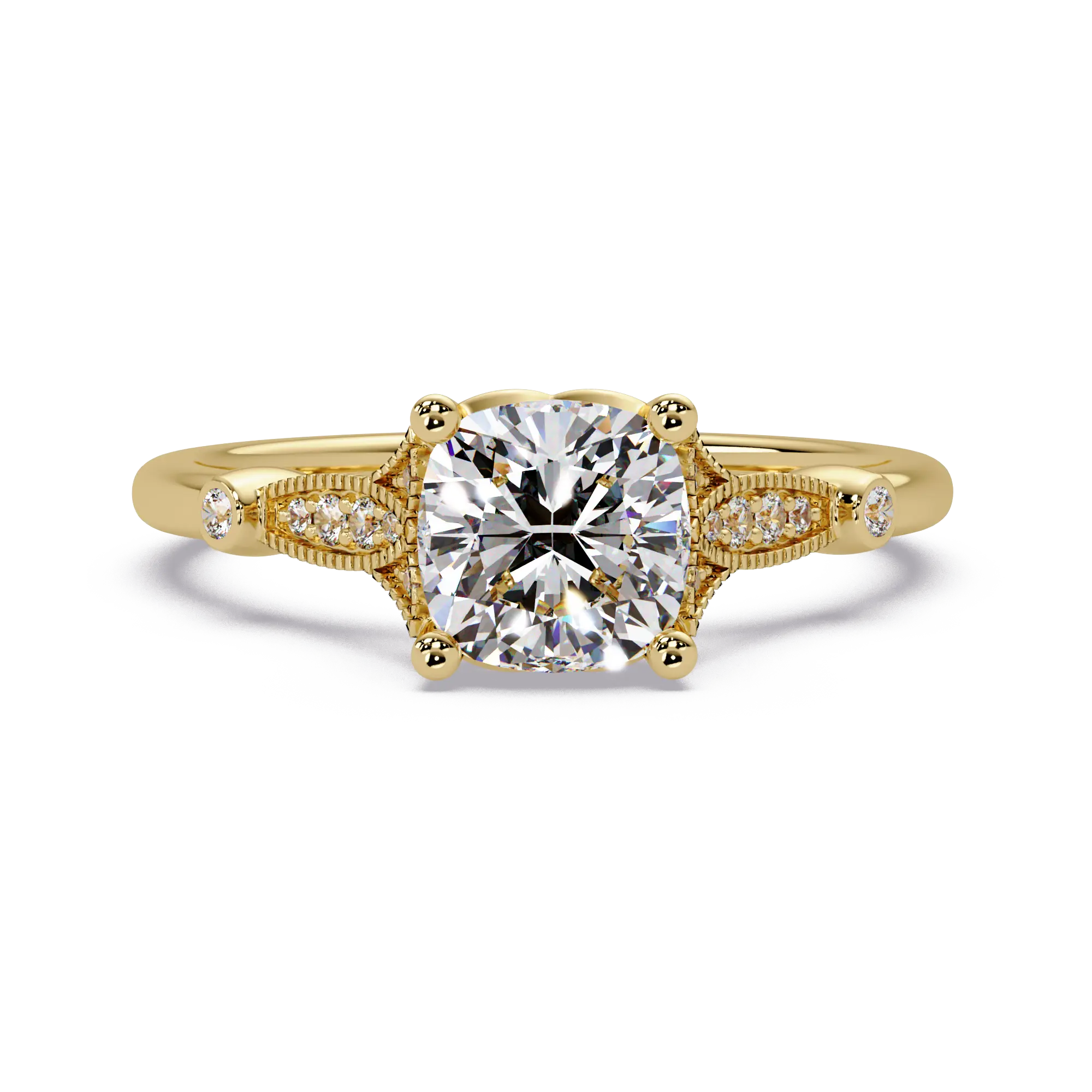 Cushion Cut Diamond Engagement Ring Vintage Mil Grain Accent Yellow Gold Ring