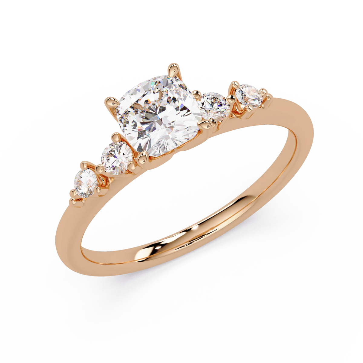 Cushion Cut Diamond Three Stone Engagement Ring - Classic Round Accent Diamond Ring