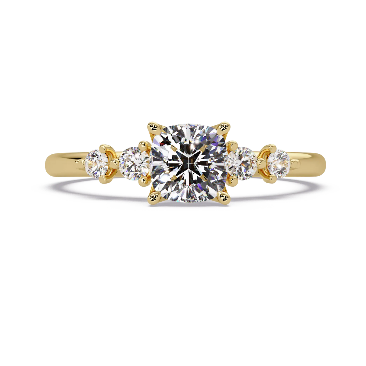 Cushion Cut Diamond Three Stone Engagement Ring - Classic Round Accent Diamond Ring