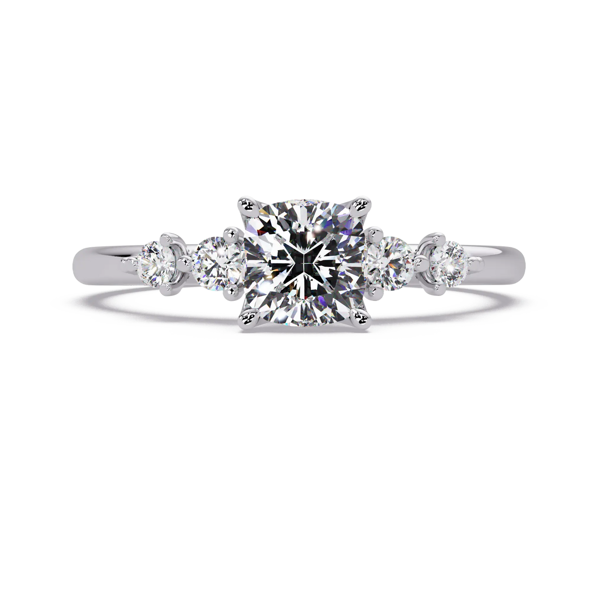 Cushion Cut Diamond Three Stone Engagement Ring - Classic Round Accent Diamond Ring