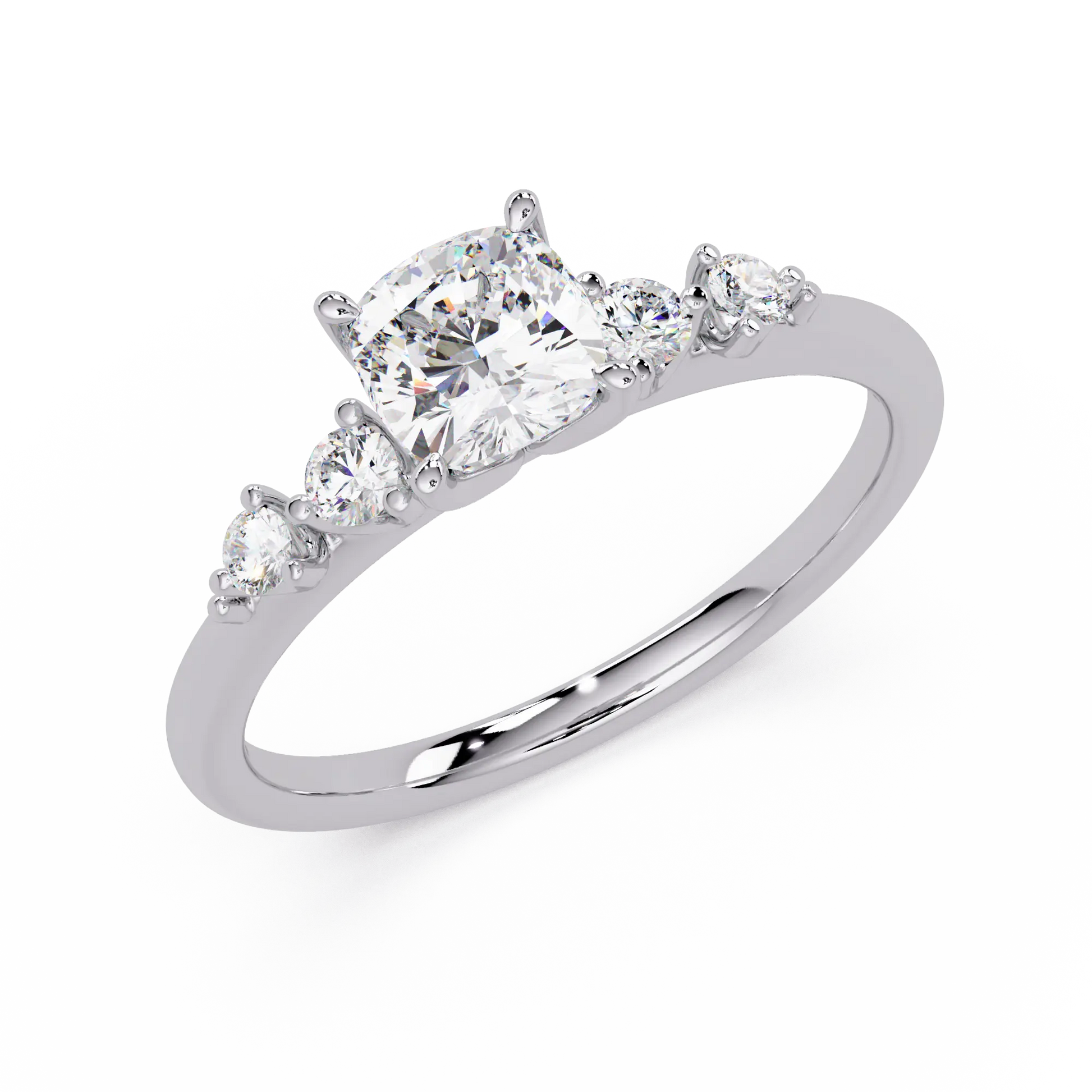 Cushion Cut Diamond Three Stone Engagement Ring - Classic Round Accent Diamond Ring