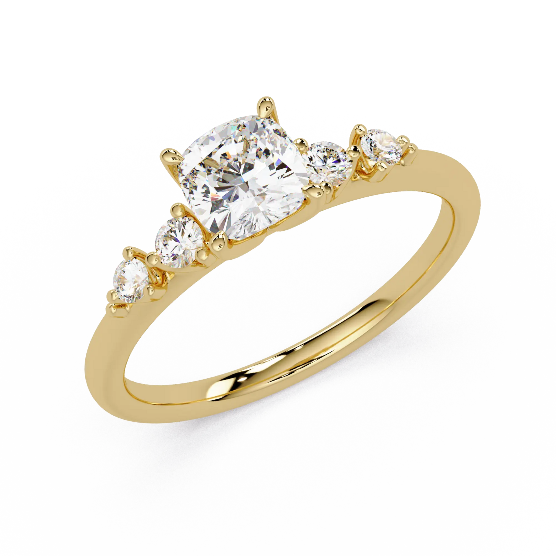 Cushion Cut Diamond Three Stone Engagement Ring - Classic Round Accent Diamond Ring