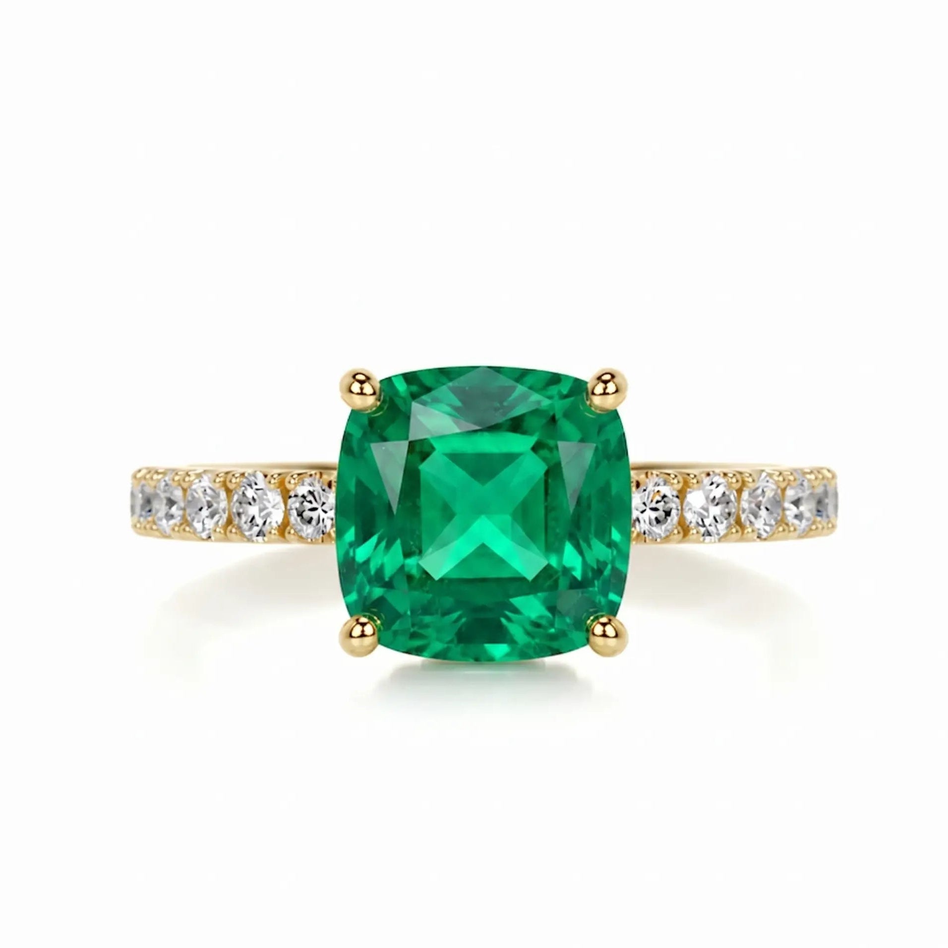 Cushion Cut Green Lab Grown Diamond Engagement Ring with Pavé Accents – Classic Solitaire Inspired Design