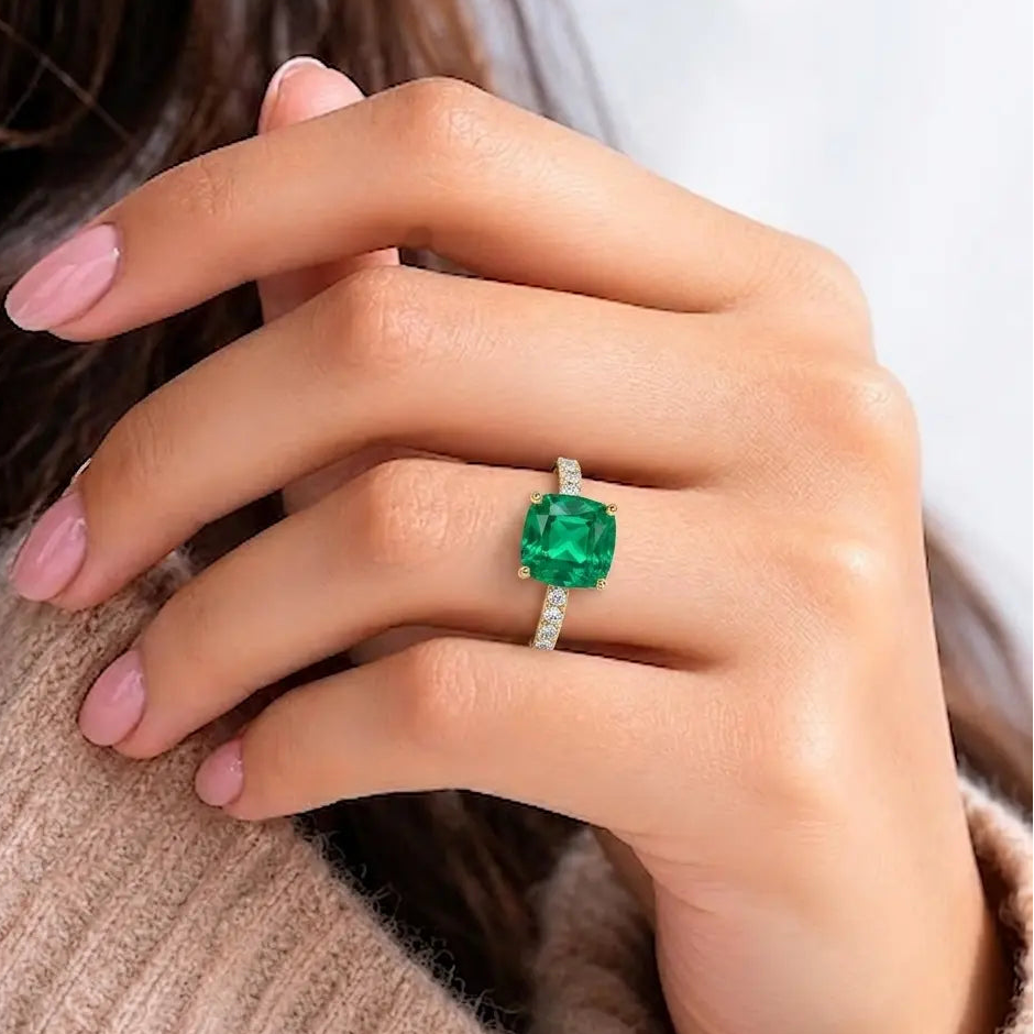 Cushion Cut Lab Grown Emerald Engagement Ring with Pavé Accents – Classic Solitaire Inspired Design