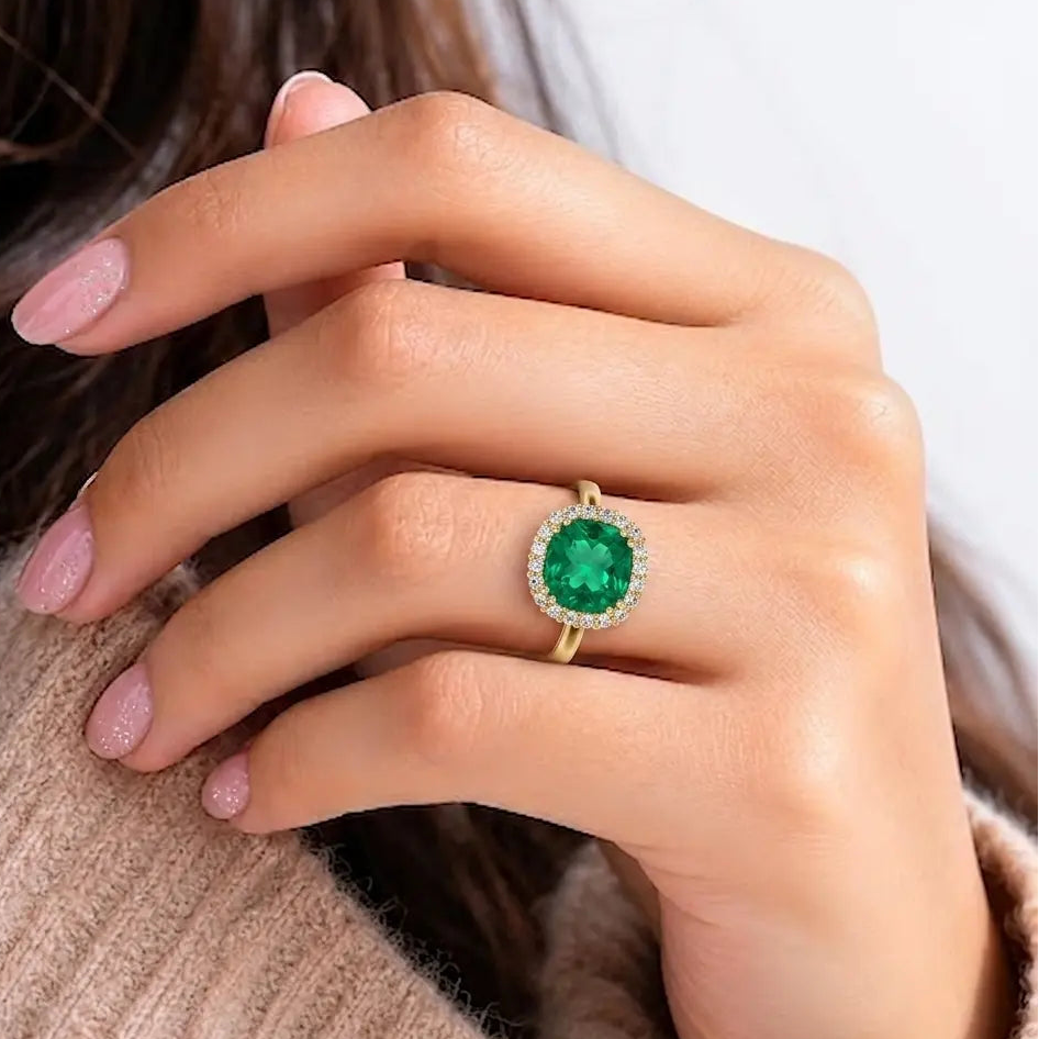 Cushion Cut Green Lab Grown Diamond Halo Engagement Ring – Timeless Vintage Inspired Statement Ring