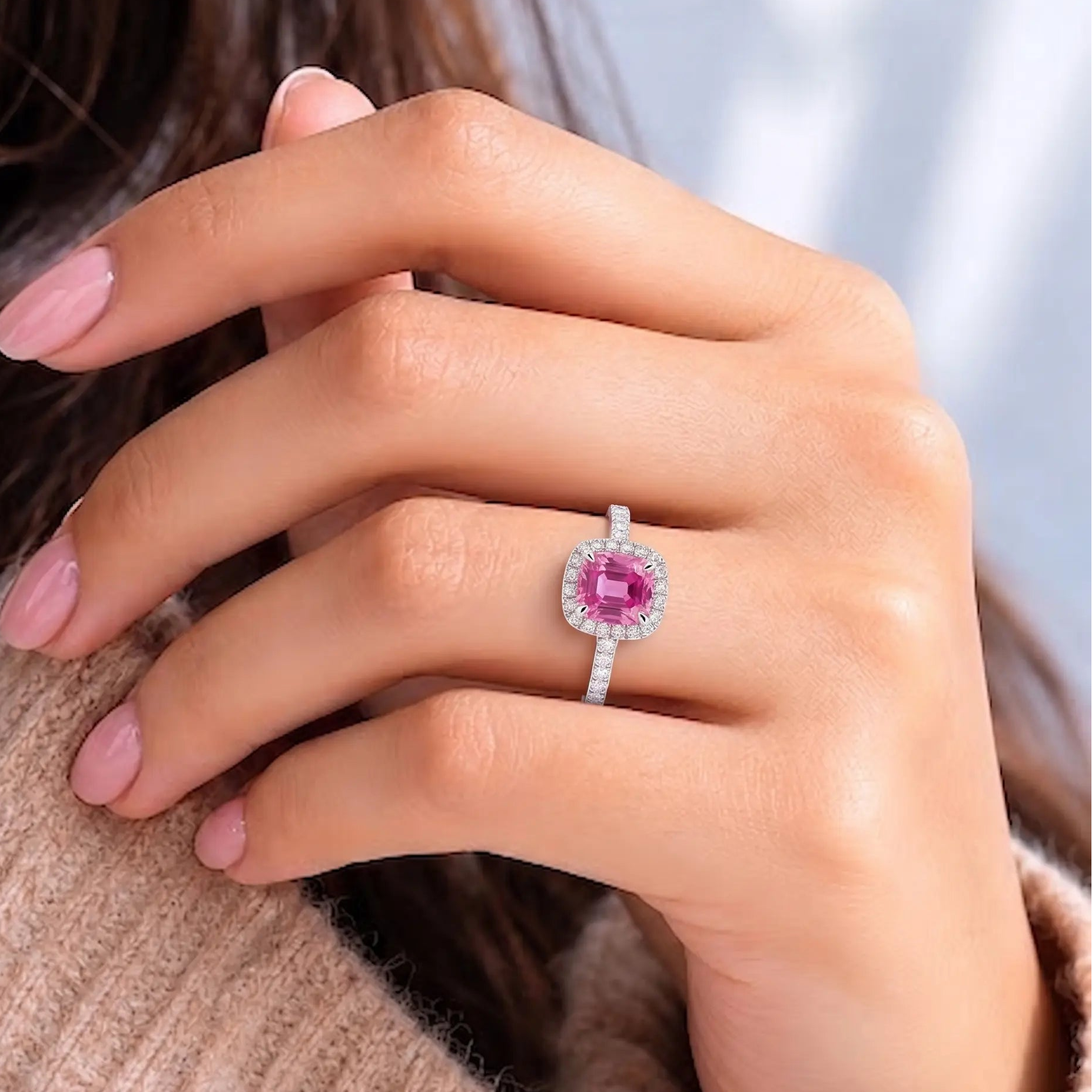 Cushion Pink Sapphire Halo Ring with Dazzling Diamond Accents