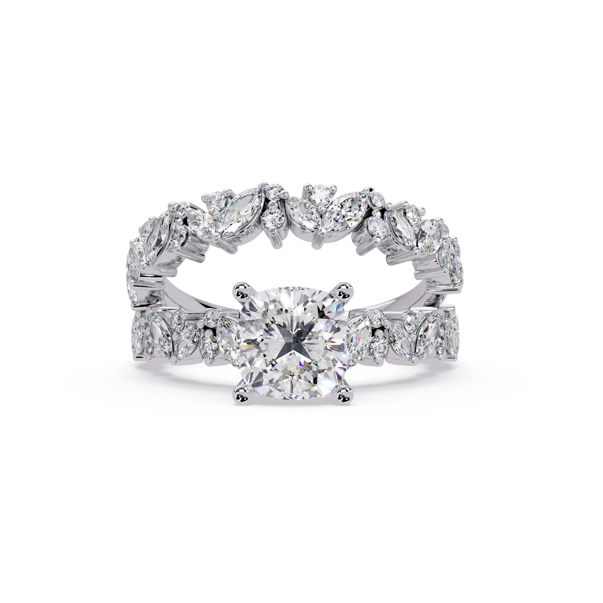 Cushion Cut Lab Grown Diamond Floral Bridal Set White Gold Marquise Leaf Pave Engagement Ring