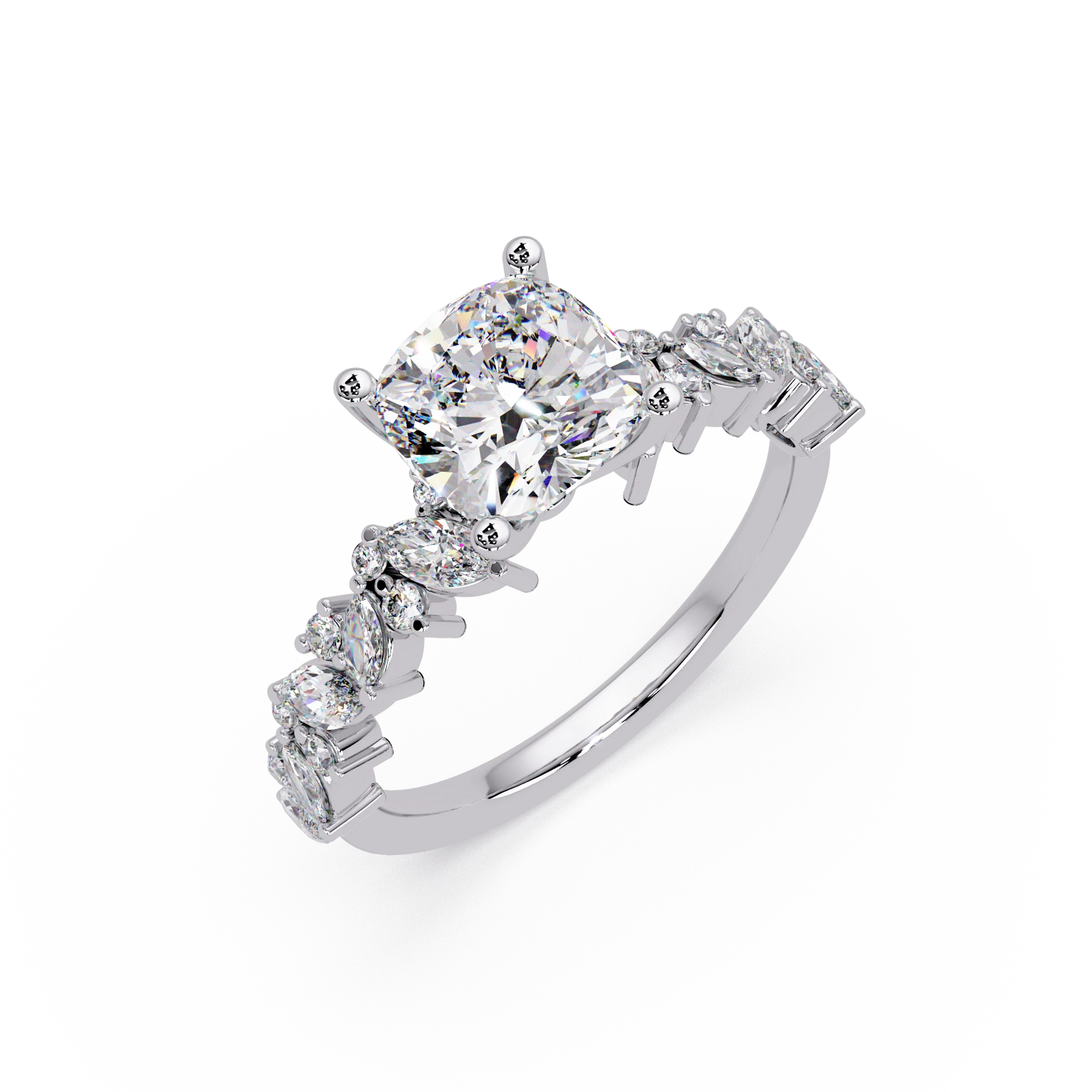 Cushion Cut Lab Grown Diamond Floral Bridal Set White Gold Marquise Leaf Pave Engagement Ring