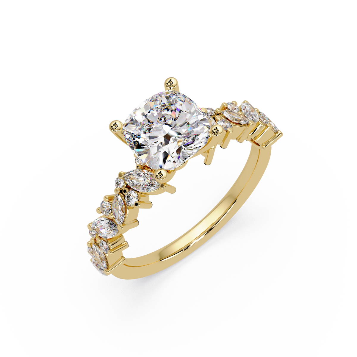 Cushion Cut Lab Grown Diamond Floral Bridal Set White Gold Marquise Leaf Pave Engagement Ring