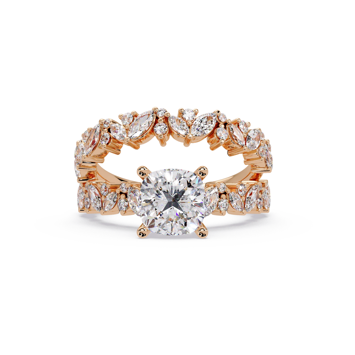 Cushion Cut Lab Grown Diamond Floral Bridal Set White Gold Marquise Leaf Pave Engagement Ring