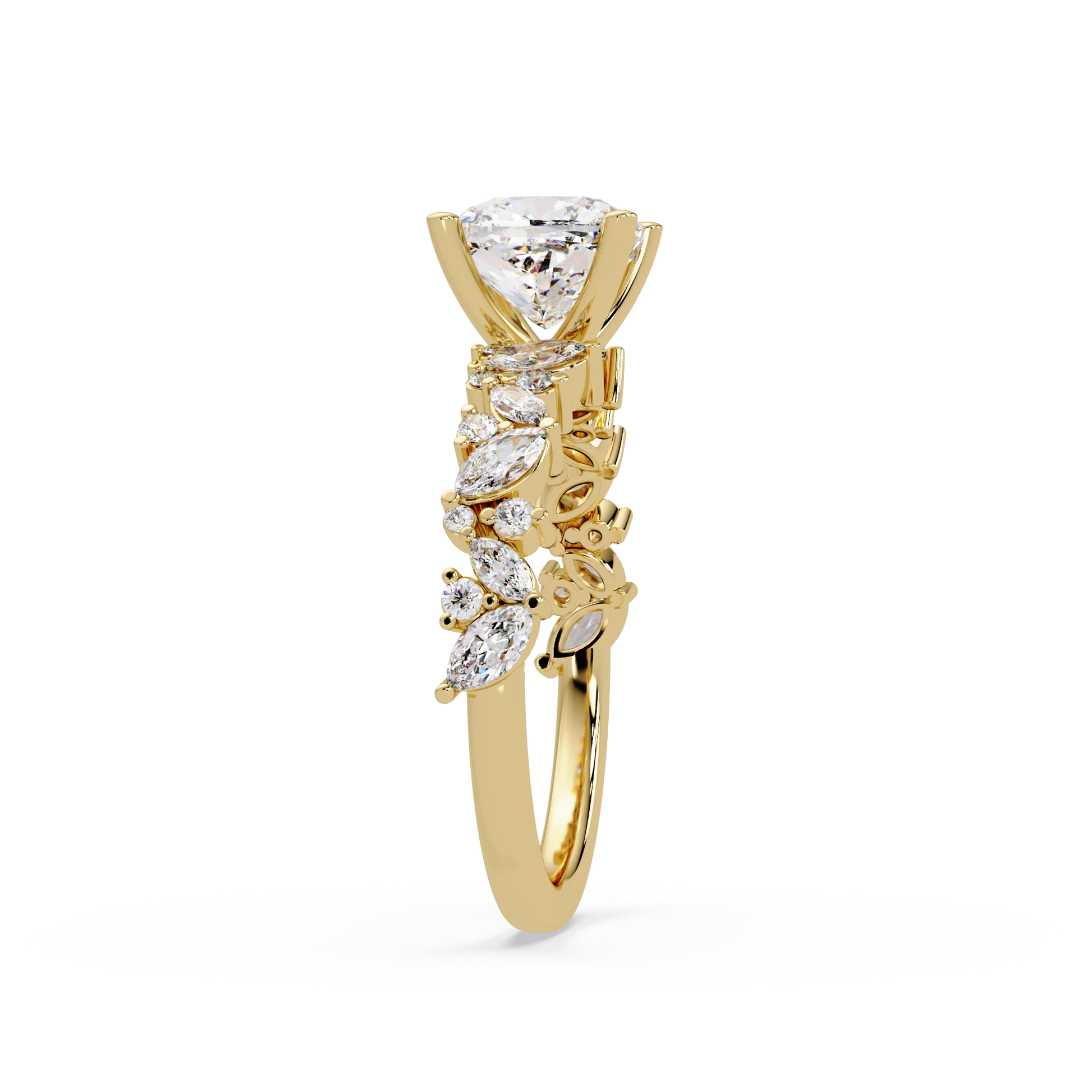 Cushion Cut Lab Grown Diamond Floral Bridal Set White Gold Marquise Leaf Pave Engagement Ring