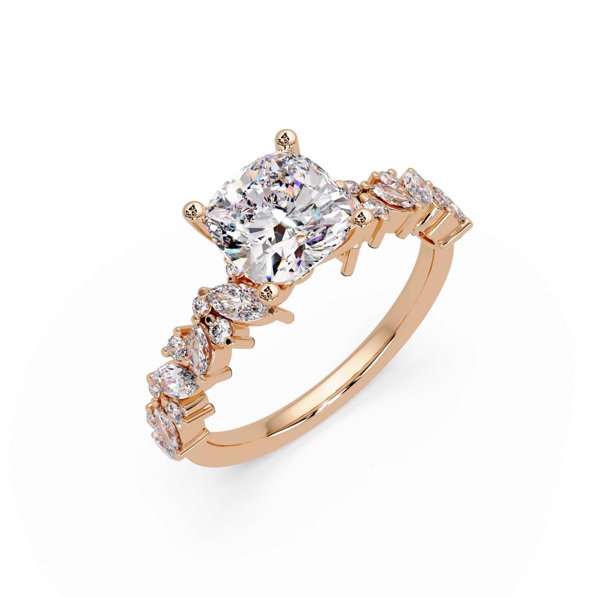 Cushion Cut Lab Grown Diamond Floral Bridal Set White Gold Marquise Leaf Pave Engagement Ring