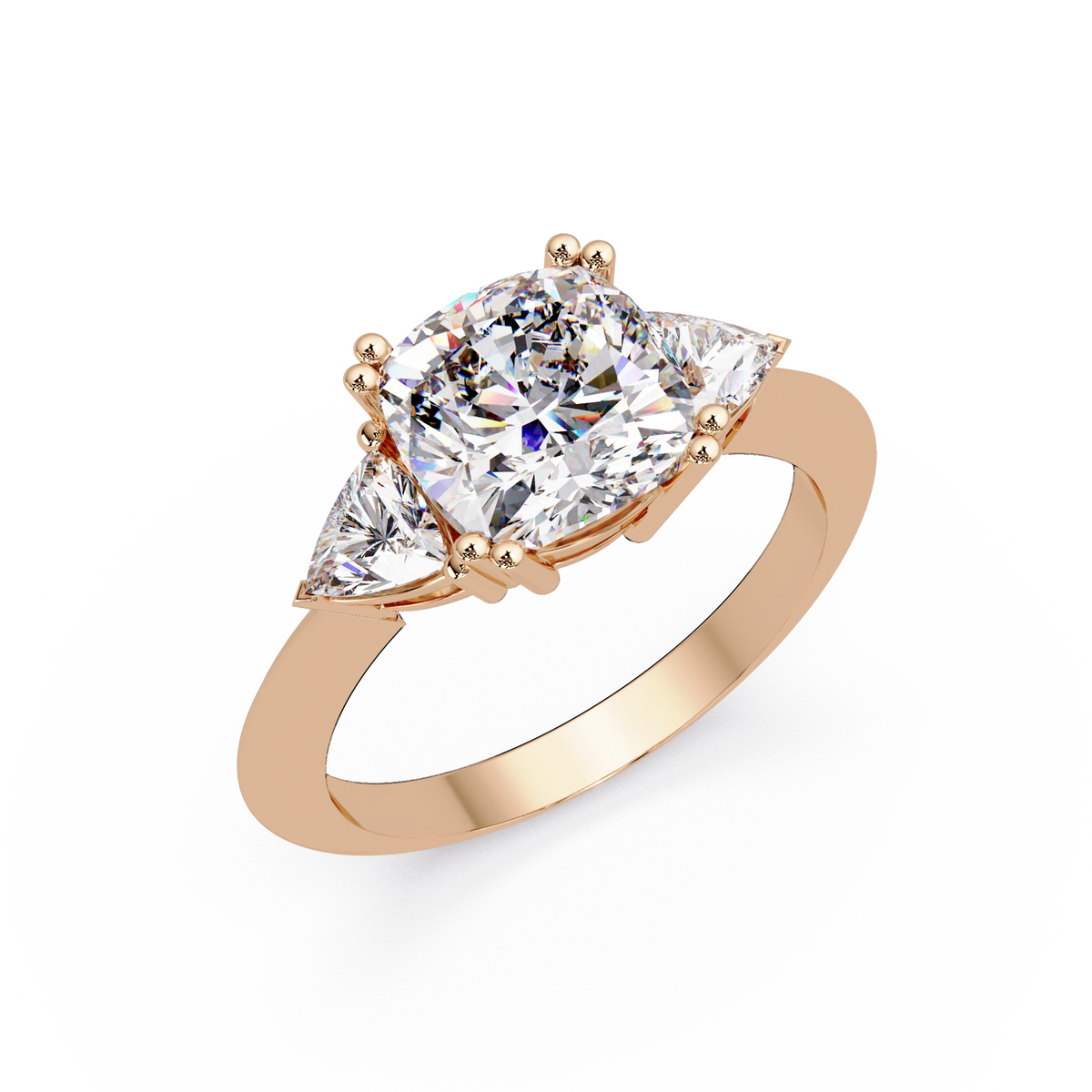 Cushion Lab Grown Diamond Engagement Ring Three Stone Rose Gold Ring with Brilliant Side Diamonds