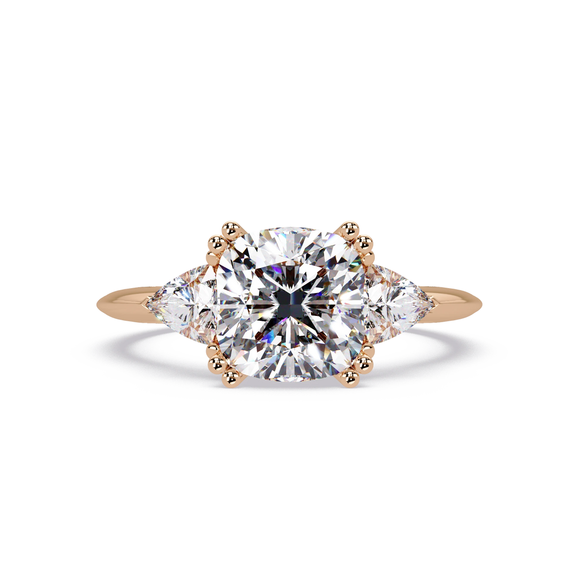 Cushion Lab Grown Diamond Engagement Ring Three Stone Rose Gold Ring with Brilliant Side Diamonds