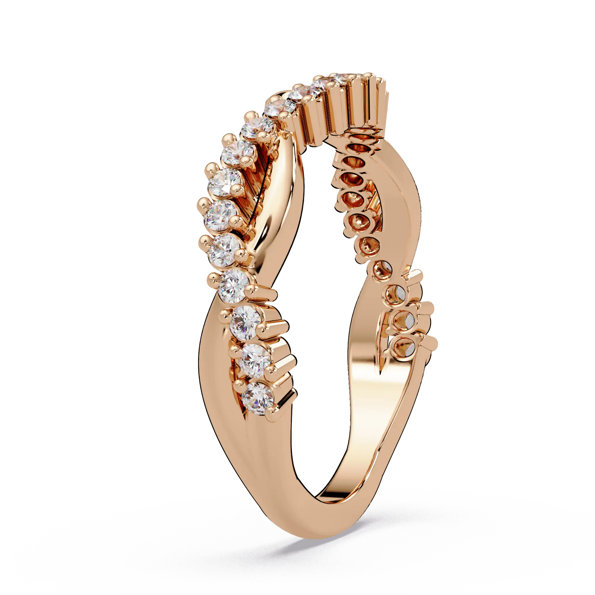 Diamond Curved Wedding Band Twisted Chevron Pavé Anniversary Ring in Gold