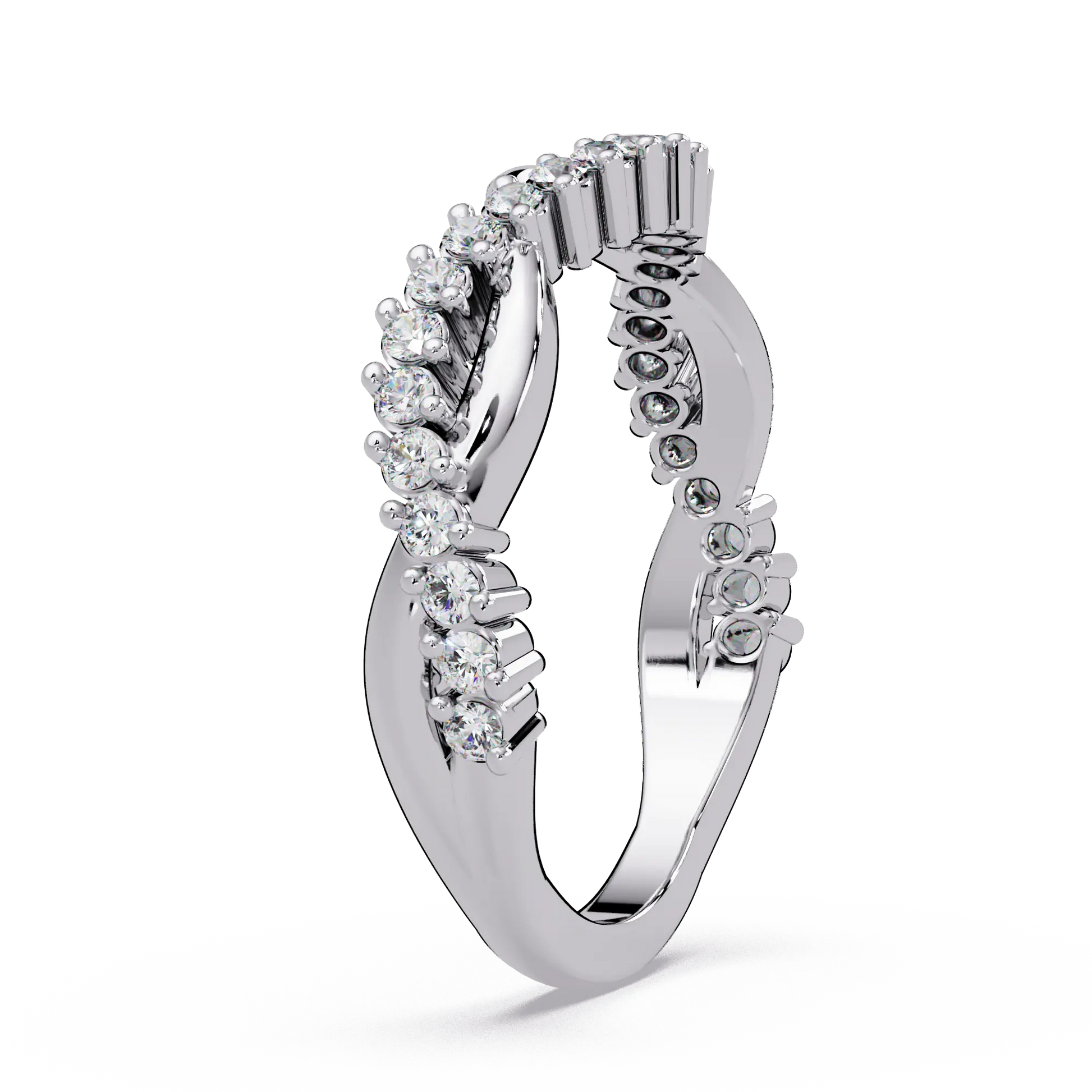 Diamond Curved Wedding Band Twisted Chevron Pavé Anniversary Ring in Gold