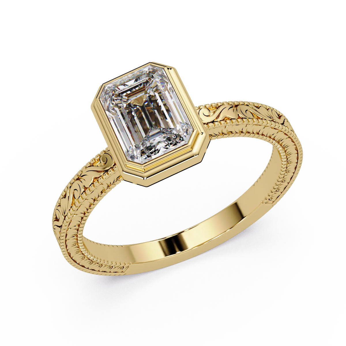 Emerald Cut Bezel Lab Grown Diamond Engagement Ring, Vintage Engraved Solitaire Ring, Art Deco Bridal Ring