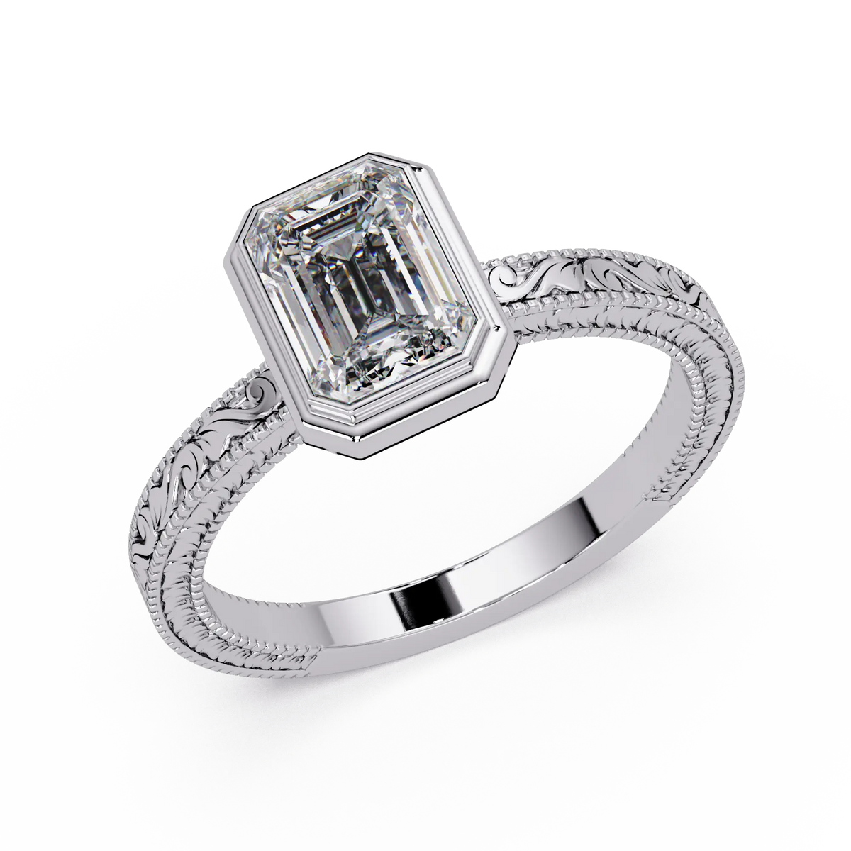 Emerald Cut Bezel Lab Grown Diamond Engagement Ring, Vintage Engraved Solitaire Ring, Art Deco Bridal Ring