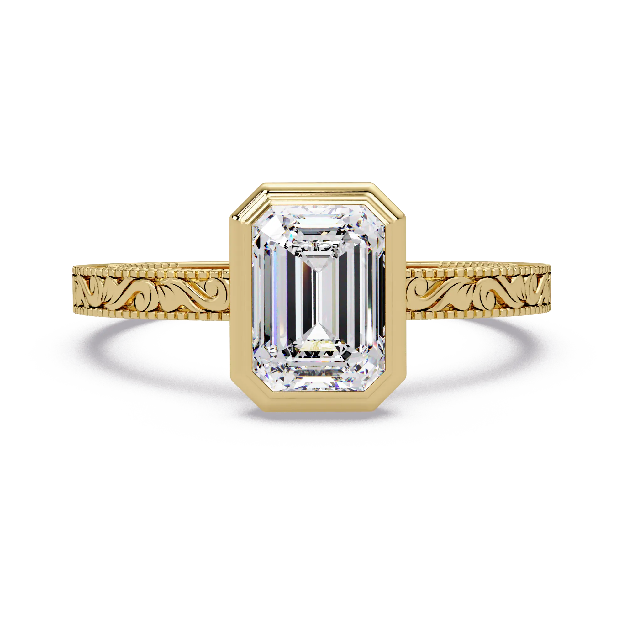 Emerald Cut Bezel Lab Grown Diamond Engagement Ring, Vintage Engraved Solitaire Ring, Art Deco Bridal Ring