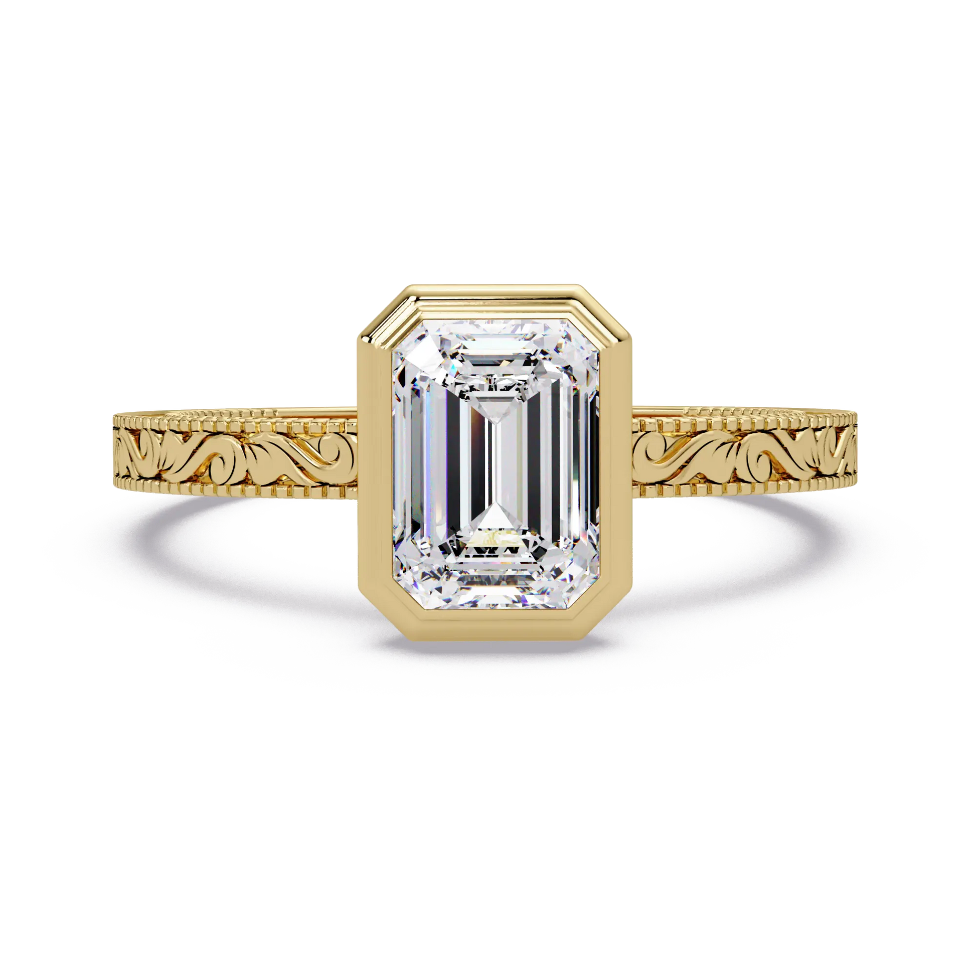 Emerald Cut Bezel Lab Grown Diamond Engagement Ring, Vintage Engraved Solitaire Ring, Art Deco Bridal Ring