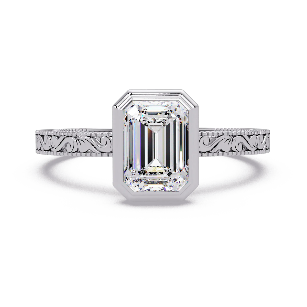 Emerald Cut Bezel Lab Grown Diamond Engagement Ring, Vintage Engraved Solitaire Ring, Art Deco Bridal Ring