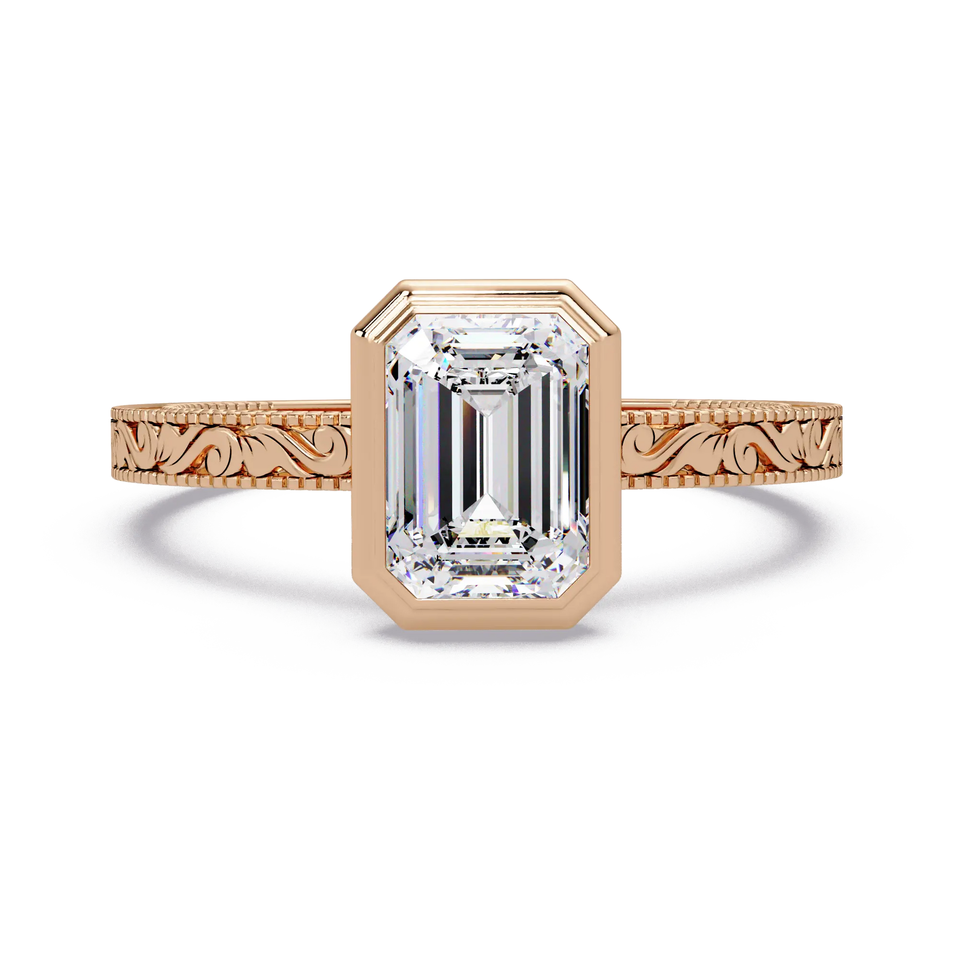 Emerald Cut Bezel Lab Grown Diamond Engagement Ring, Vintage Engraved Solitaire Ring, Art Deco Bridal Ring