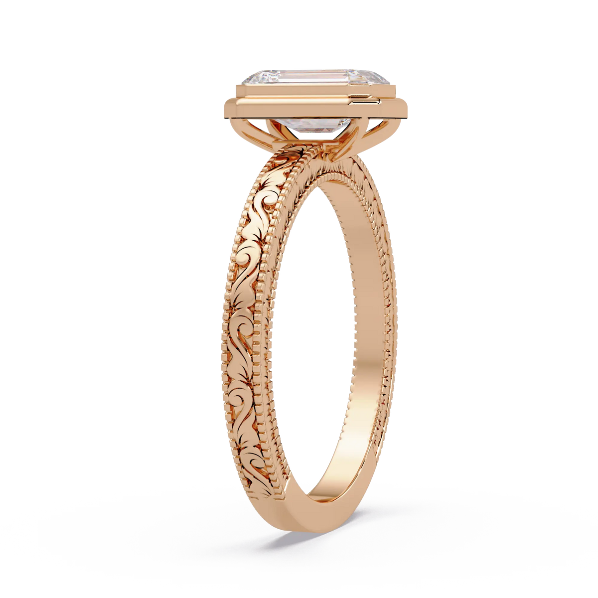 Emerald Cut Bezel Lab Grown Diamond Engagement Ring, Vintage Engraved Solitaire Ring, Art Deco Bridal Ring
